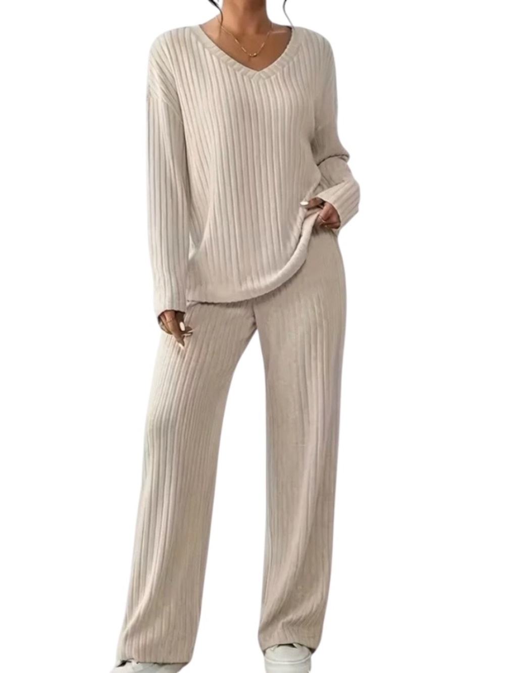 LEO ROSI | Women's Beige Long Sleeve Ribbed Knit Lounge Set Sz XL